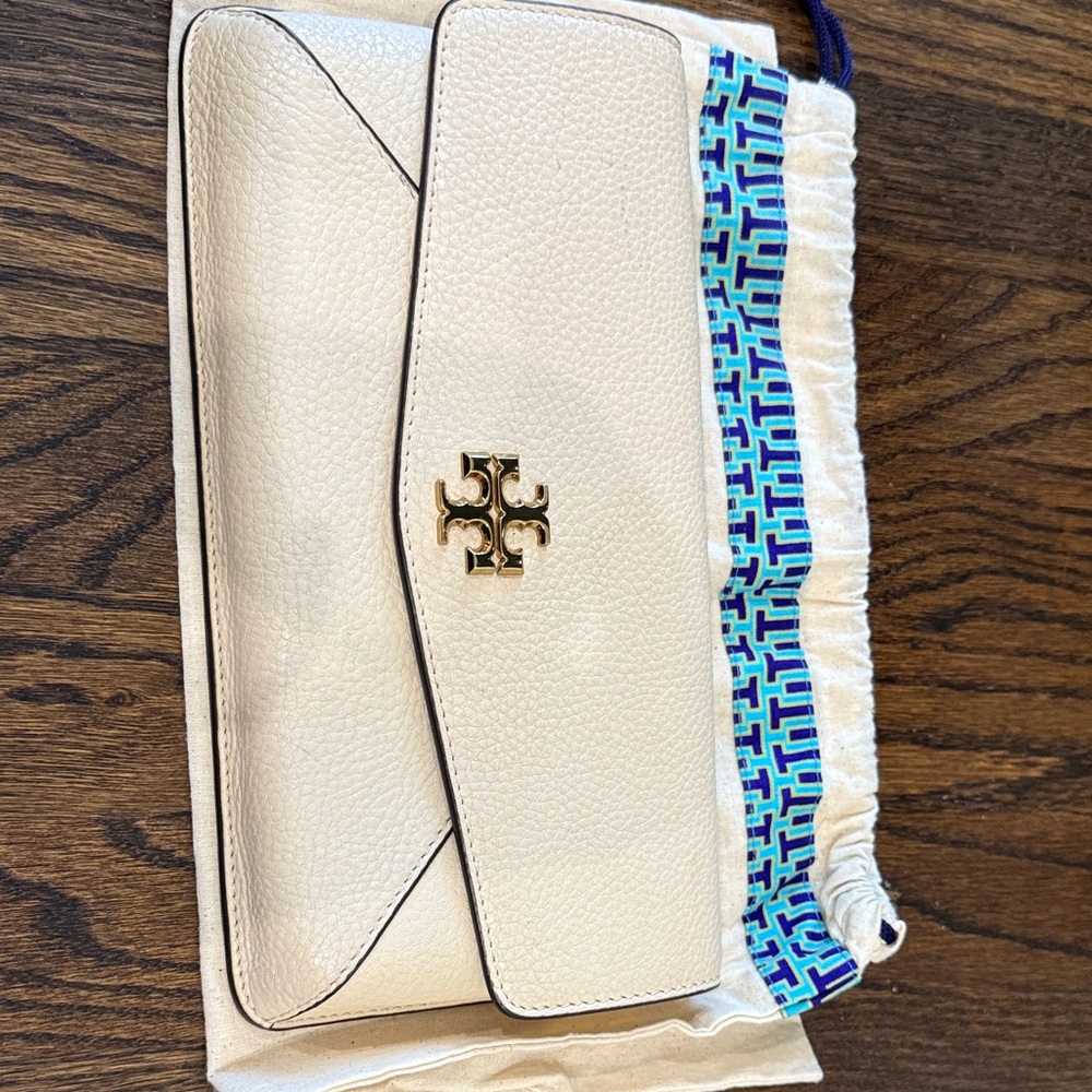 Tory Burch Cream Pebbled Leather Flap Clutch with Gold Logo